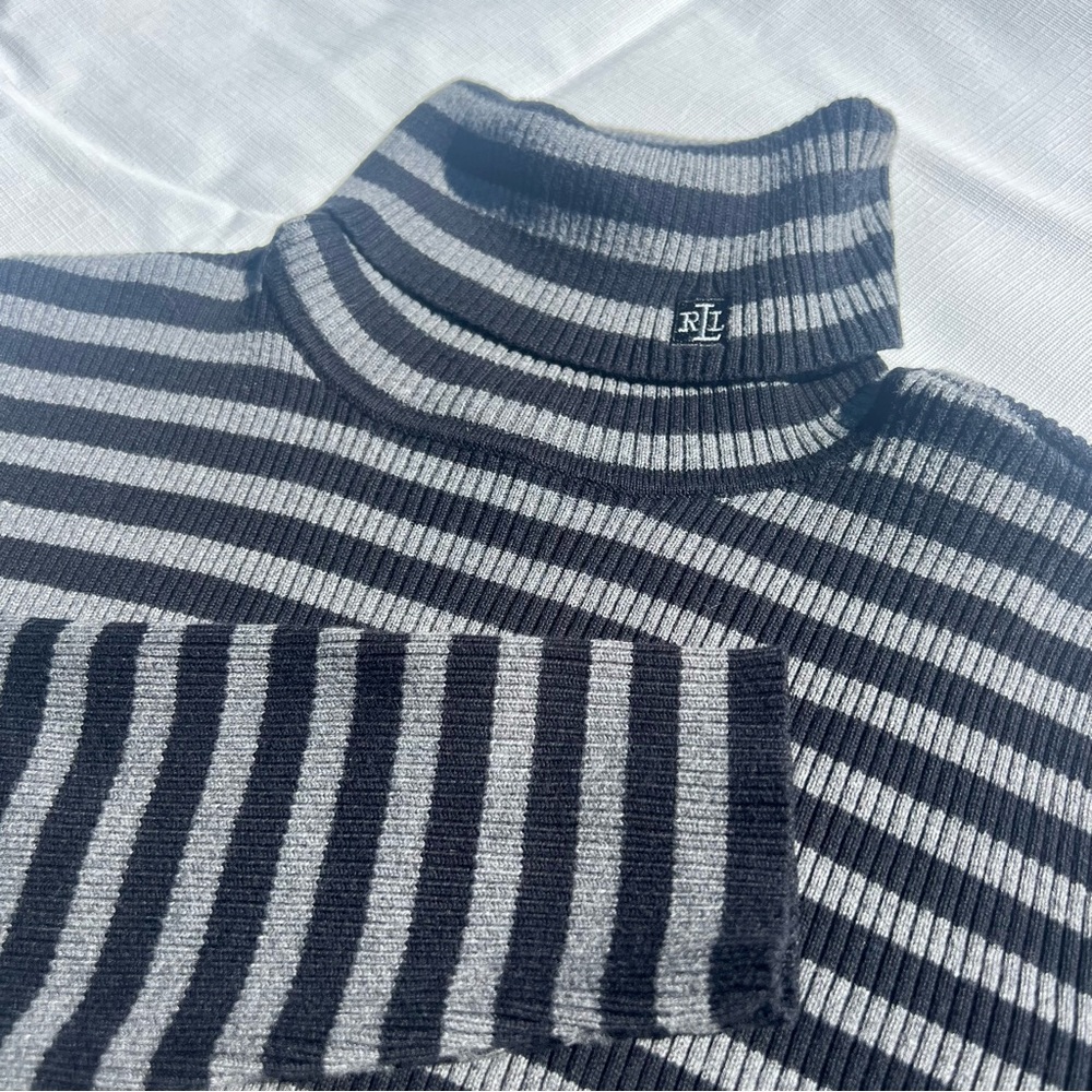 Lauren Ralph Lauren VTG Embroidered Logo Rib Turtleneck Sz-XL Black Gray Cotton